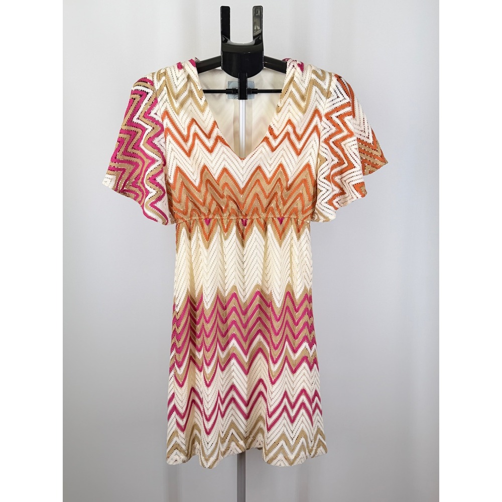 Judith March Chevron Zigzag V-Neck Flutter Sleeve Empire Waist Mini Dress Pink M